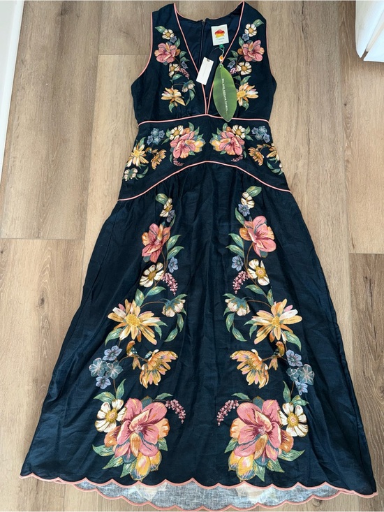 FARM Rio Dresses & Skirts - NWT Farm Rio Maira Navy Blue Floral Plunge Neck Linen Maxi Dress S Anthropologie